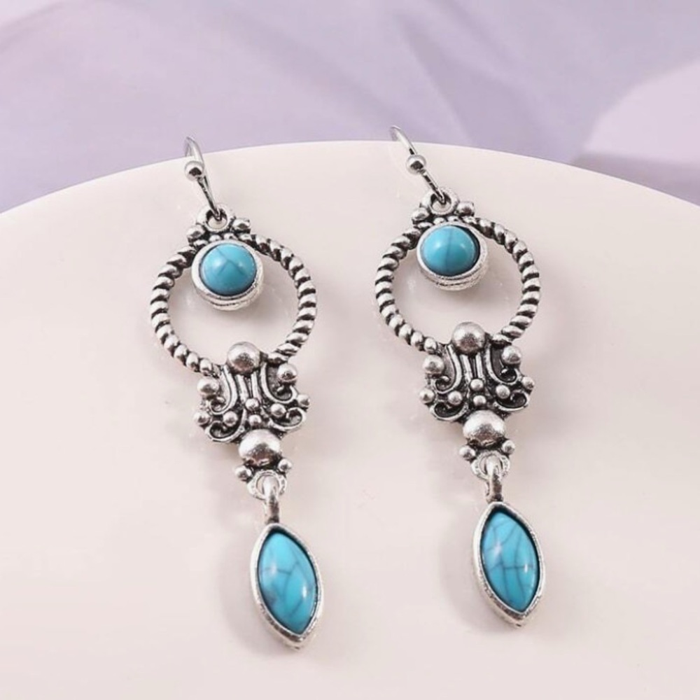Any 4/$25! Antiqued Silver Turquoise Boho Drop Earrings - Picture 2 of 6